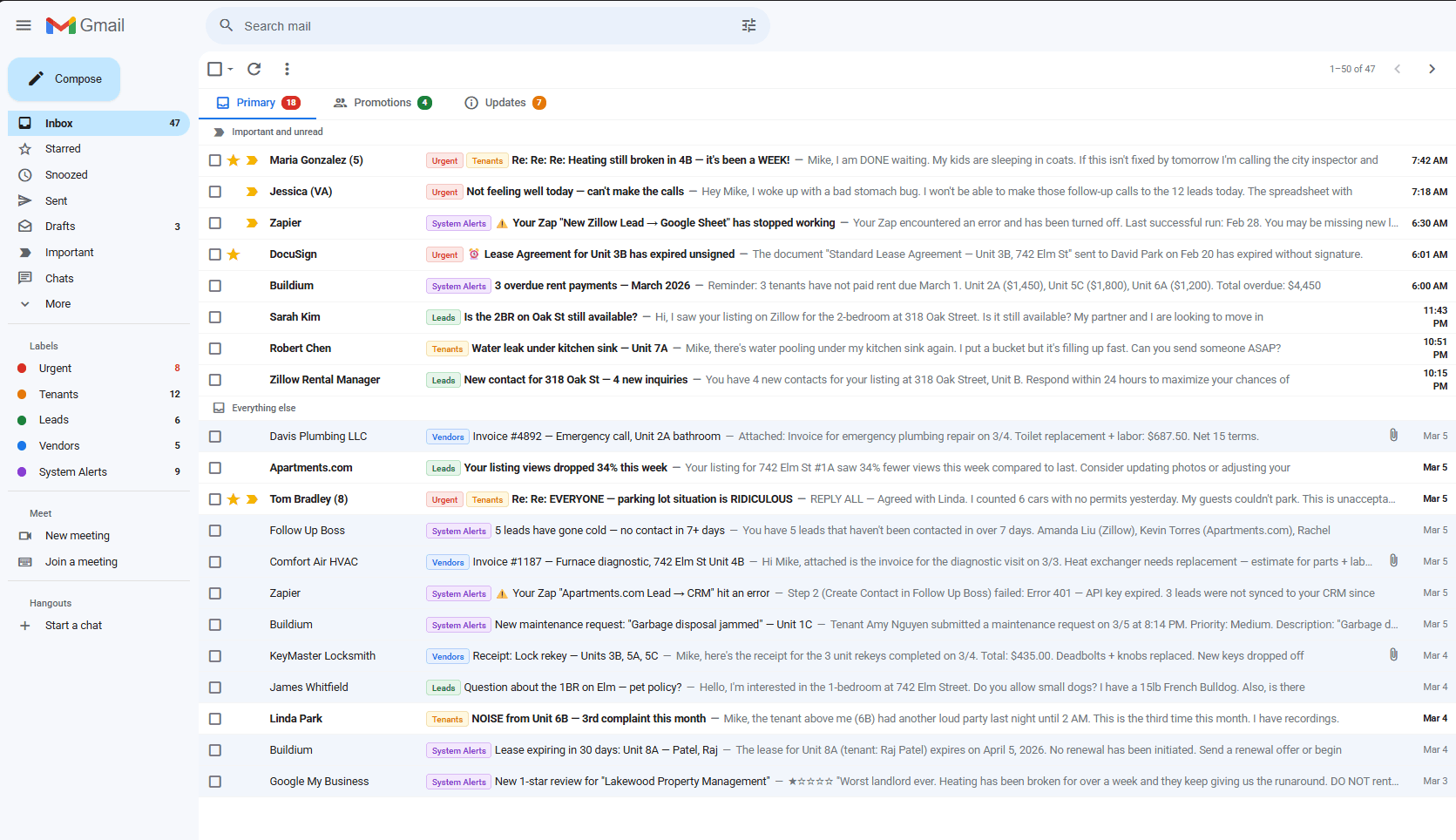 Chaotic Gmail inbox full of tenant emails and maintenance requests